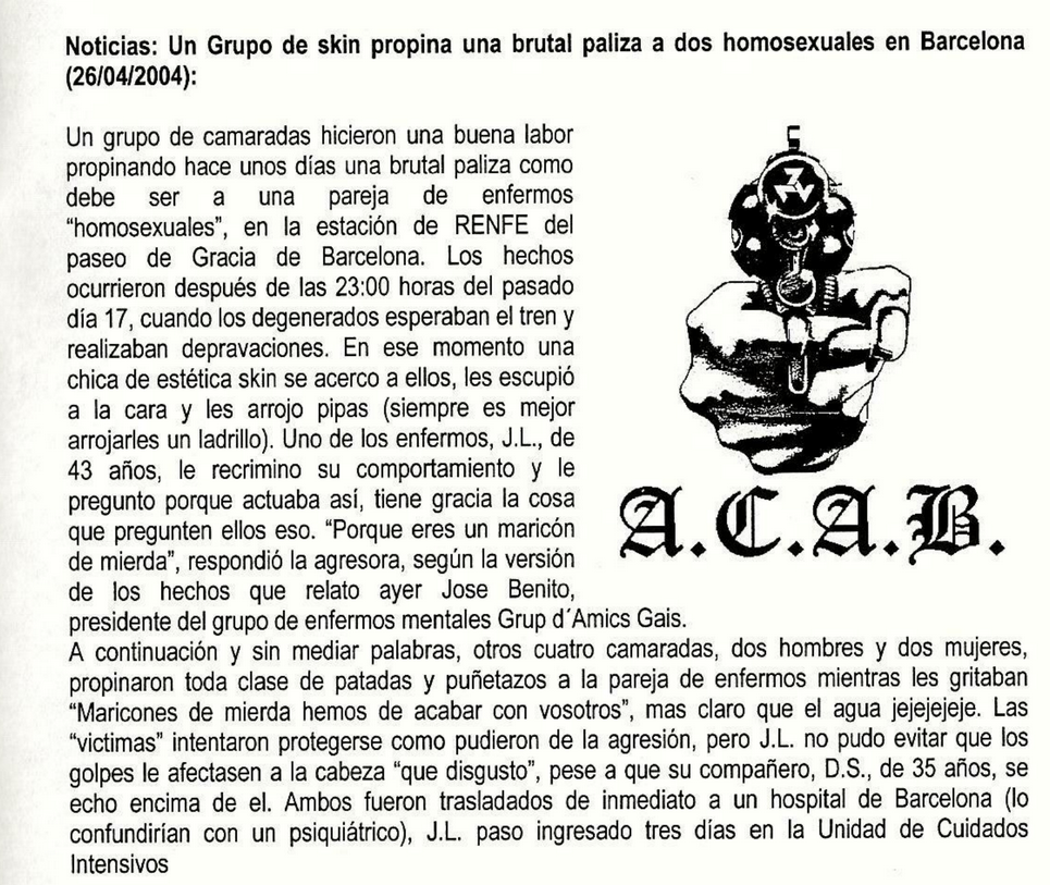 Fanzine fascista hablando de una agresión a una pareja homosexual