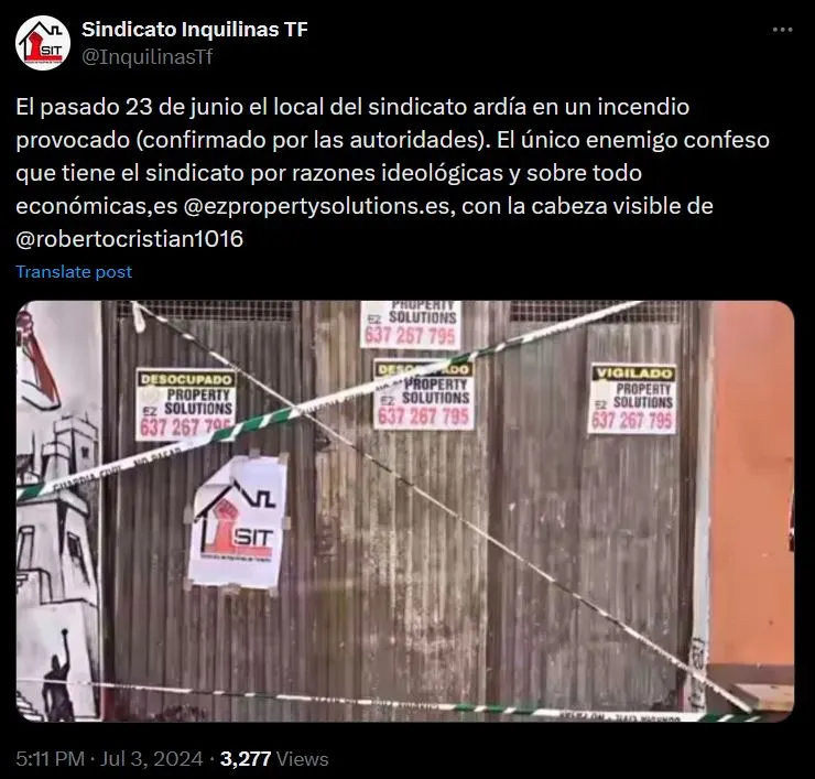 Incendio de la sede del Sindicato de Inquilinas de Tenerife